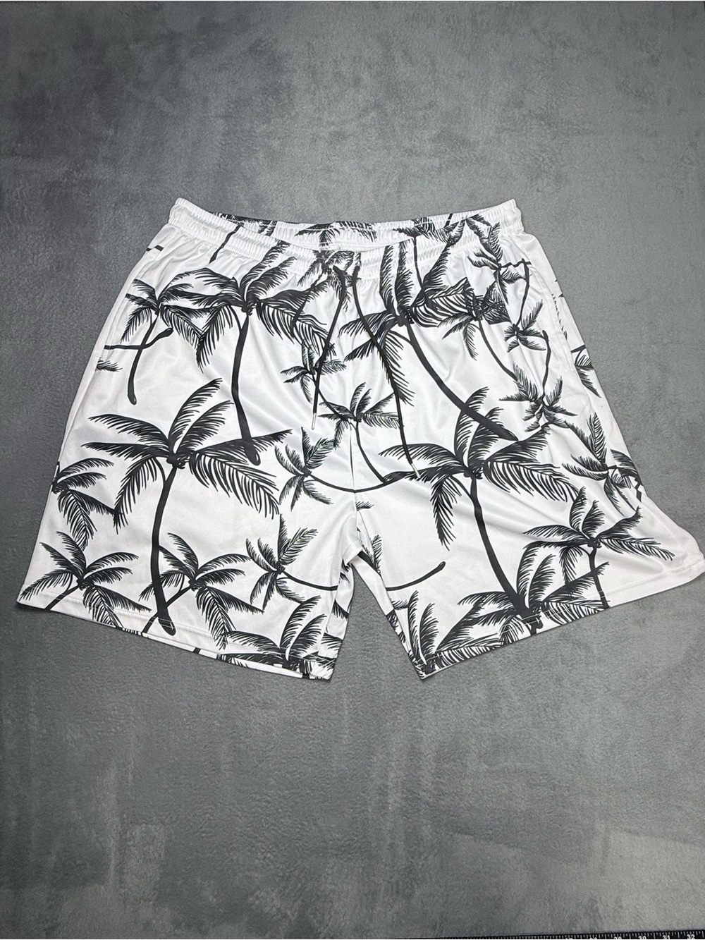 Source Unknown White Swim Shorts with Black Palm Print